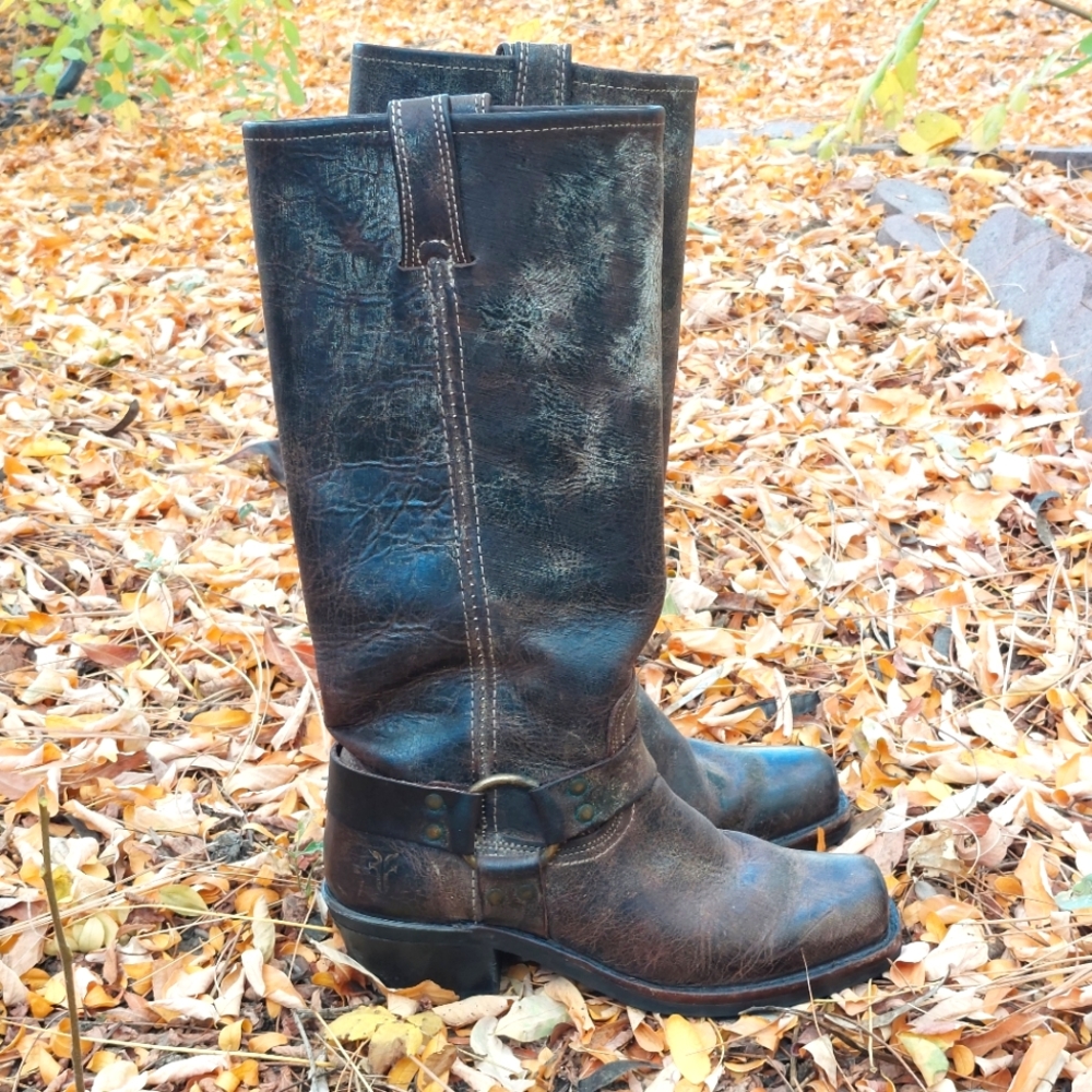 Dark Brown Leather Knee High Frye Harness Boots